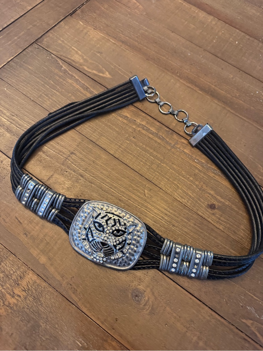 Vintage 80s leather belt with jaguar made in Italy - 33-39 inches total length